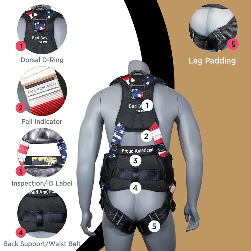 AFP Fall Protection Full-Body Premium American Flag Safety Harness  Vented & Padded Shoulder  Legs & Back  8Thick Back Support Belt  Aluminum D-Rings  Tongue Buckle  Quick Release (OSHA/ANSI PPE) - Image 5